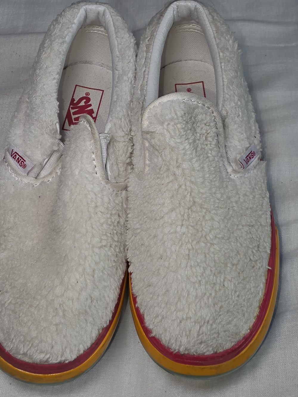 Vans Cream Sherpa Slip-On Sneakers with Pink and Yellow Trim